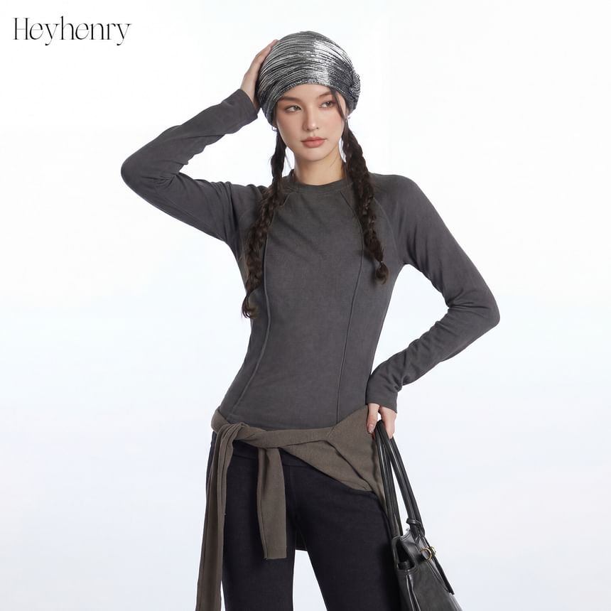 Paneled Solid Crewneck Slim-Fit Long-Sleeve Top