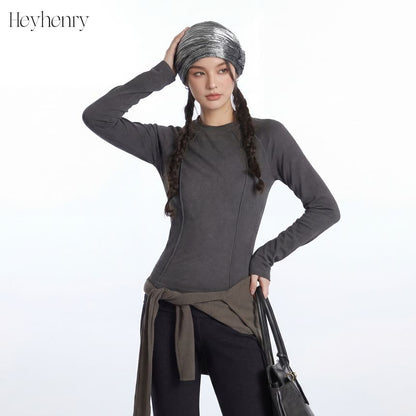 Paneled Solid Crewneck Slim-Fit Long-Sleeve Top