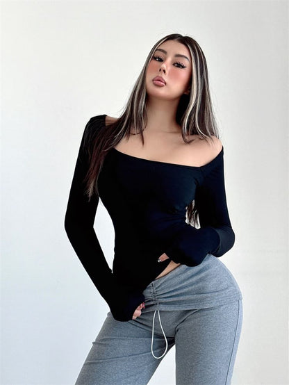 One-Shoulder Padded Top with Long Sleeves