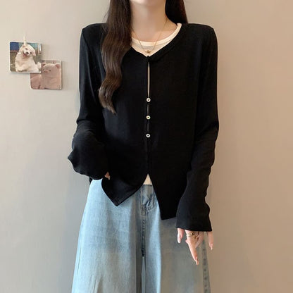 Slit Mock Two-Piece Round Neck Long-Sleeve Top