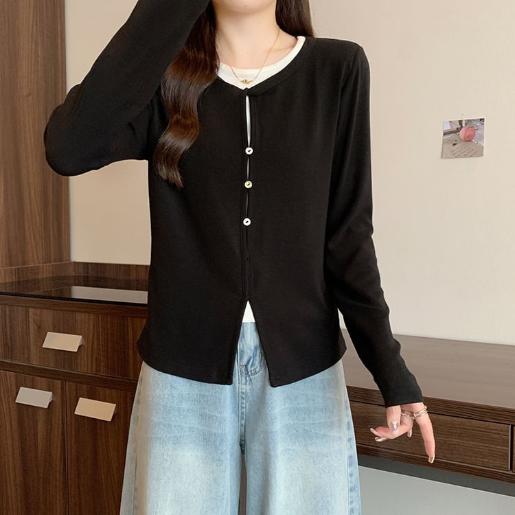 Slit Mock Two-Piece Round Neck Long-Sleeve Top