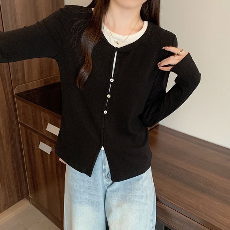 Slit Mock Two-Piece Round Neck Long-Sleeve Top