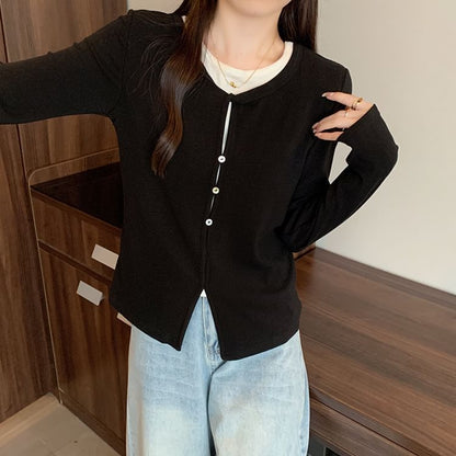 Slit Mock Two-Piece Round Neck Long-Sleeve Top