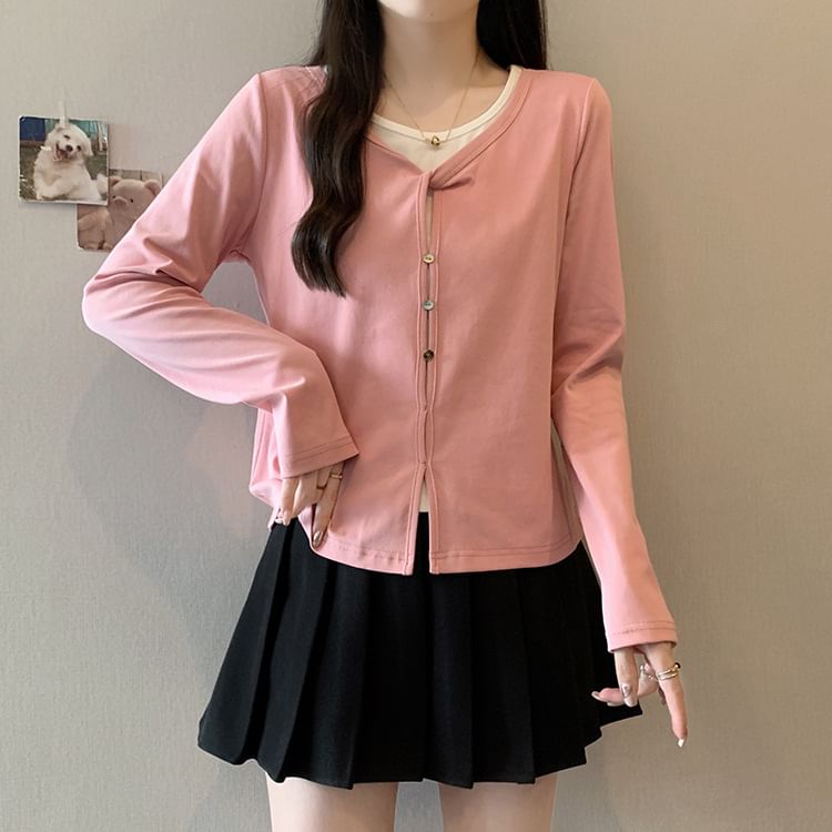 Slit Mock Two-Piece Round Neck Long-Sleeve Top