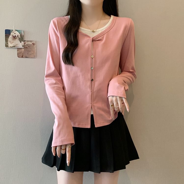 Slit Mock Two-Piece Round Neck Long-Sleeve Top