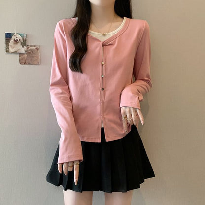 Slit Mock Two-Piece Round Neck Long-Sleeve Top