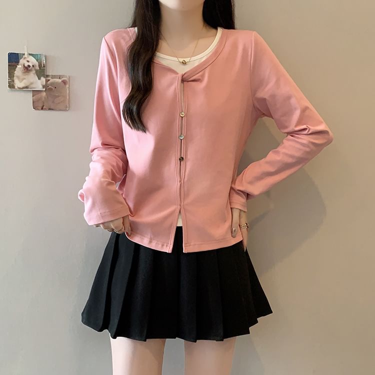 Slit Mock Two-Piece Round Neck Long-Sleeve Top