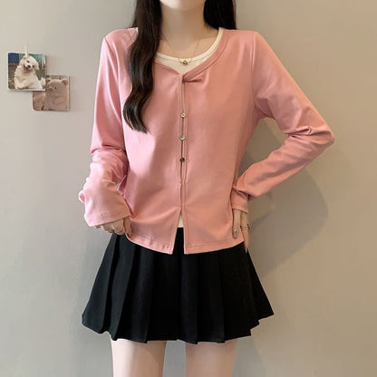 Slit Mock Two-Piece Round Neck Long-Sleeve Top
