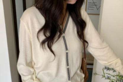 V-Neck Striped Trim Cardigan
