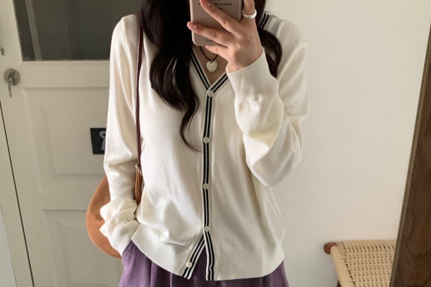 V-Neck Striped Trim Cardigan