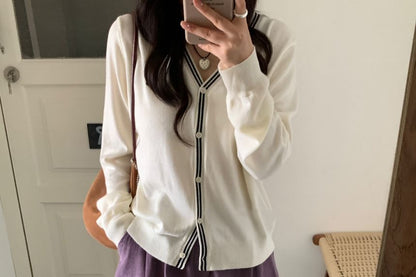 V-Neck Striped Trim Cardigan