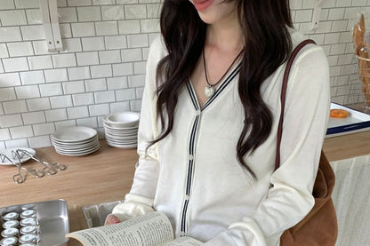 V-Neck Striped Trim Cardigan
