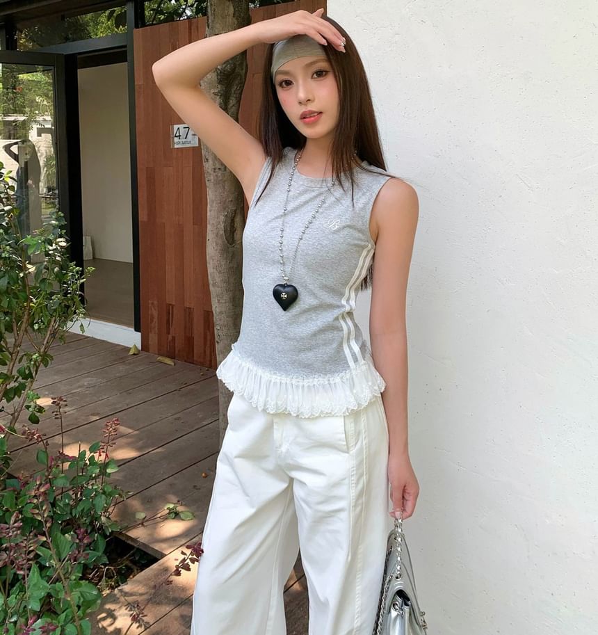 Striped Lace Trim Round Neck Tank Top