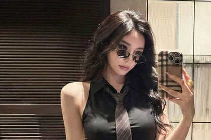 Classic Collared Sleeveless Button-Up Top with Neck Tie