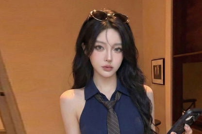 Classic Collared Sleeveless Button-Up Top with Neck Tie