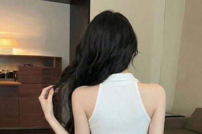Classic Collared Sleeveless Button-Up Top with Neck Tie