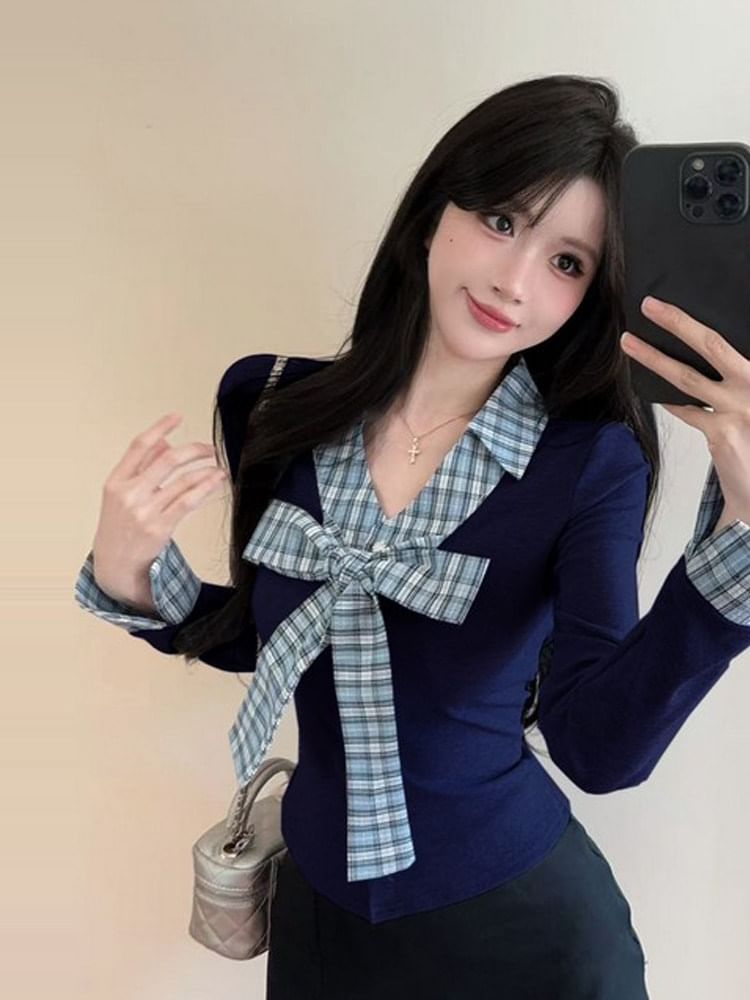 Plaid Panel Button-Up Long Sleeve Shirt with Collar