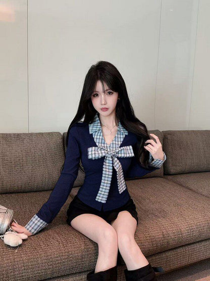 Plaid Panel Button-Up Long Sleeve Shirt with Collar