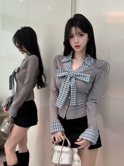 Plaid Panel Button-Up Long Sleeve Shirt with Collar