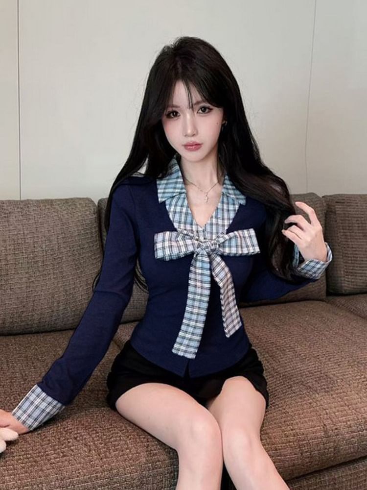 Plaid Panel Button-Up Long Sleeve Shirt with Collar