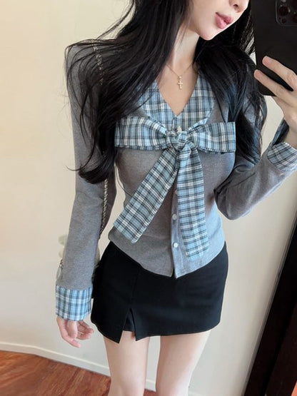 Plaid Panel Button-Up Long Sleeve Shirt with Collar