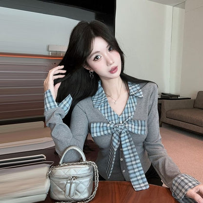 Plaid Panel Button-Up Long Sleeve Shirt with Collar