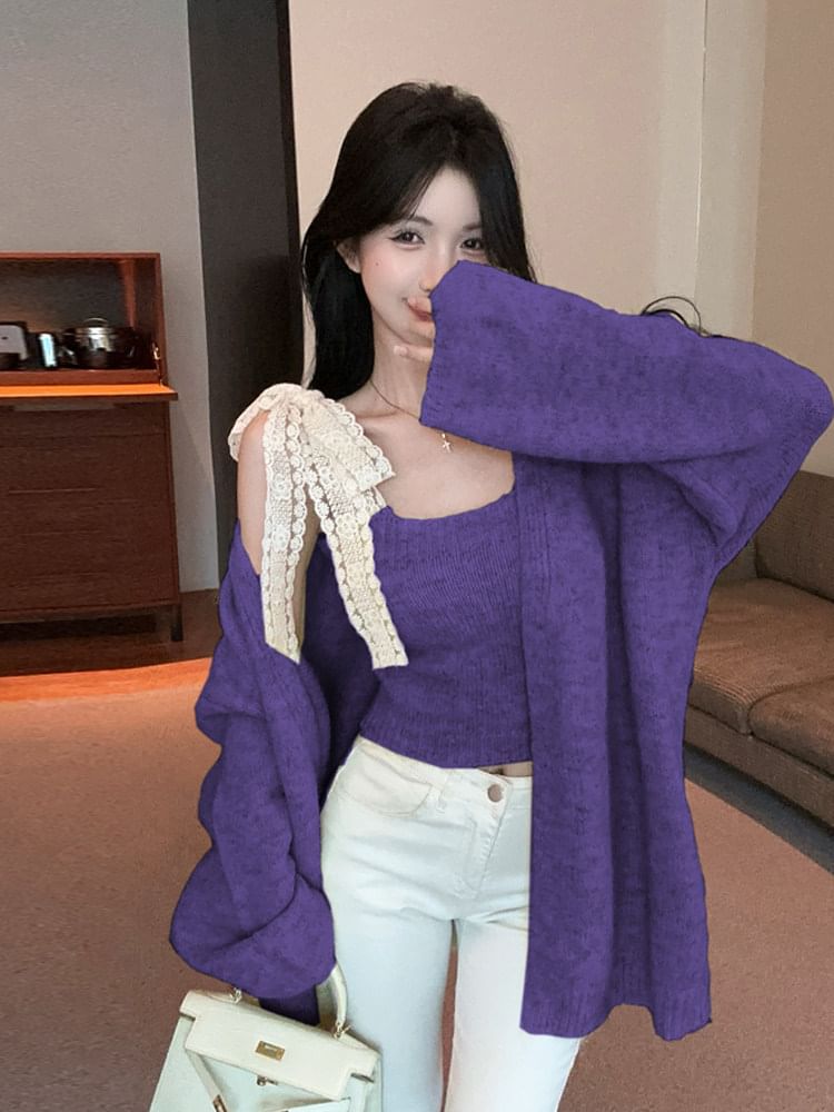 Cozy Knit Top and Cardigan Set with Square Neckline