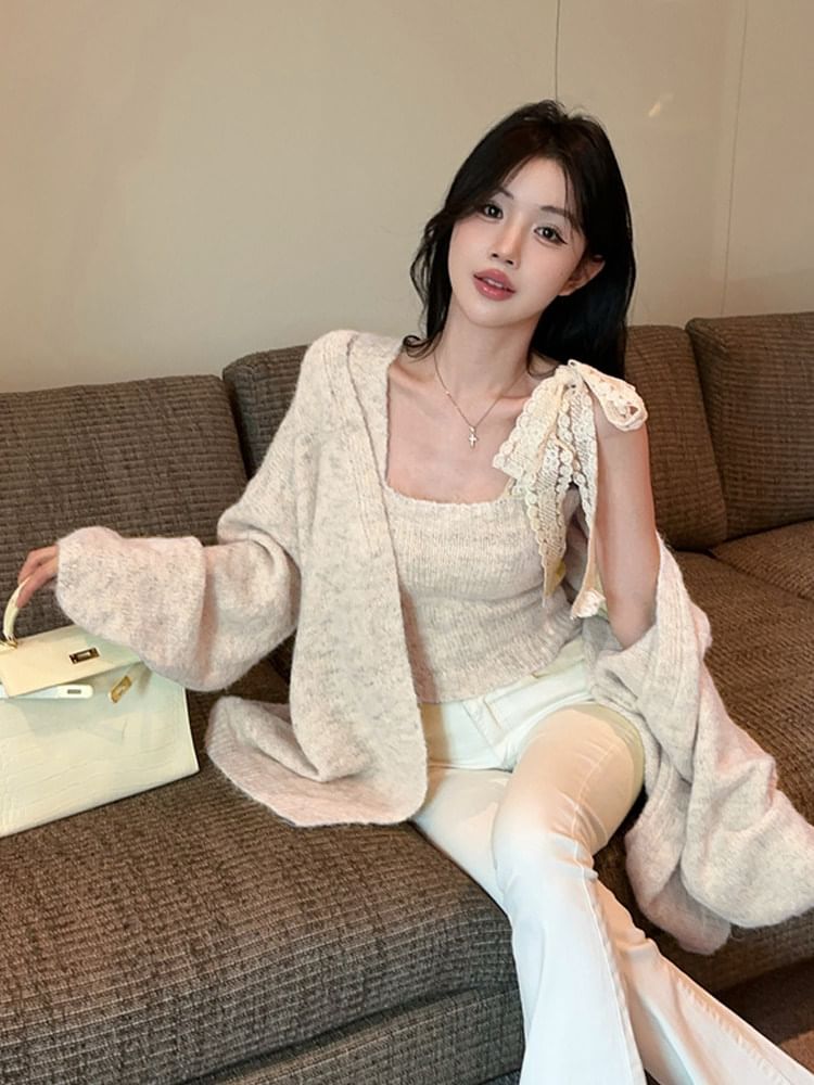 Cozy Knit Top and Cardigan Set with Square Neckline