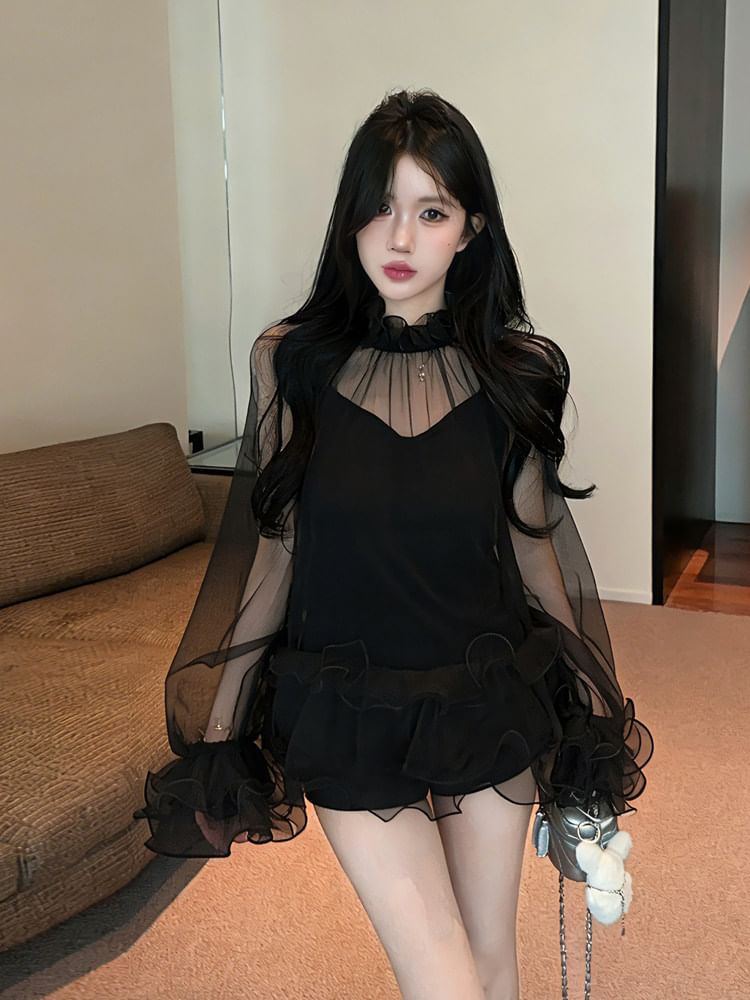 Sheer Ruffle-Trim Long Sleeve Top with Camisole Layer