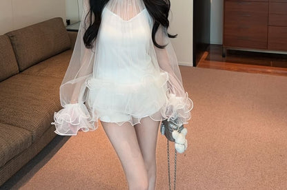 Sheer Ruffle-Trim Long Sleeve Top with Camisole Layer