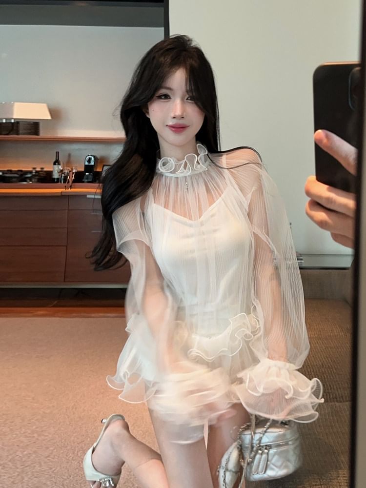Sheer Ruffle-Trim Long Sleeve Top with Camisole Layer