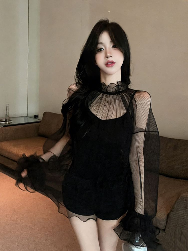 Sheer Ruffle-Trim Long Sleeve Top with Camisole Layer
