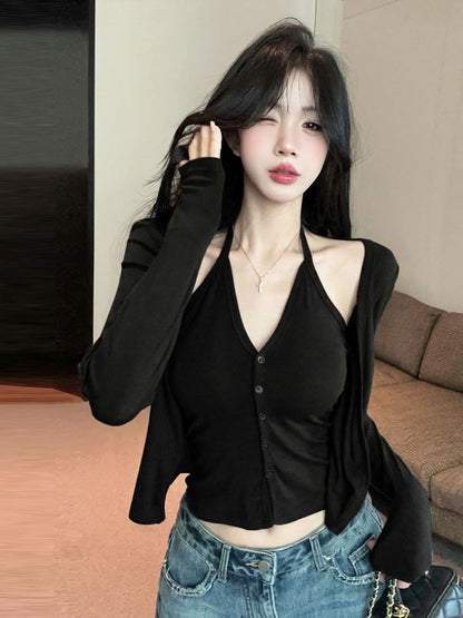 Two-Piece Set: Halter Camisole with Buttons and Cardigan