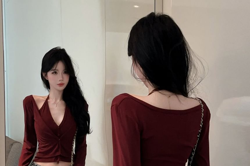 Two-Piece Set: Halter Camisole with Buttons and Cardigan