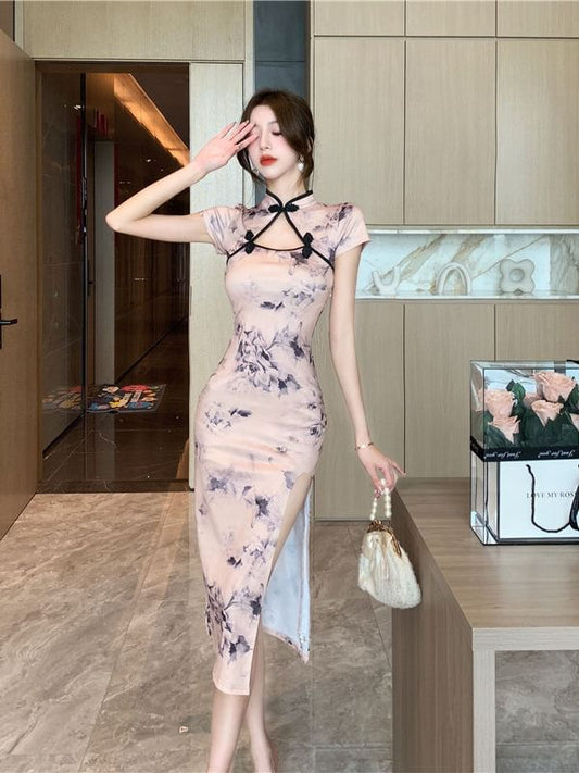Short-Sleeve Floral Print Slit Midi Qipao