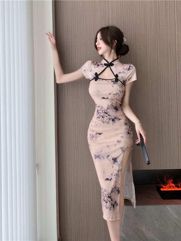 Short-Sleeve Floral Print Slit Midi Qipao