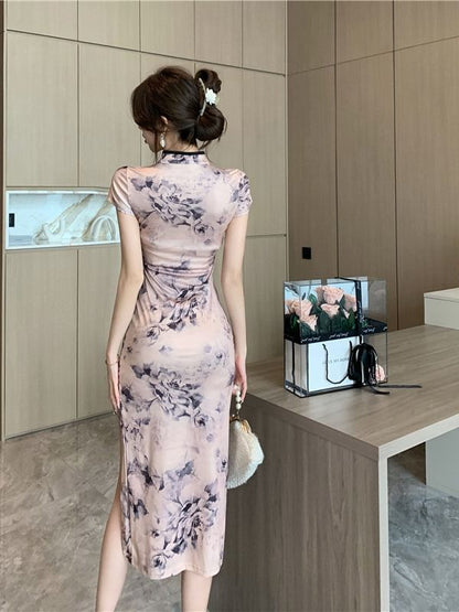Short-Sleeve Floral Print Slit Midi Qipao