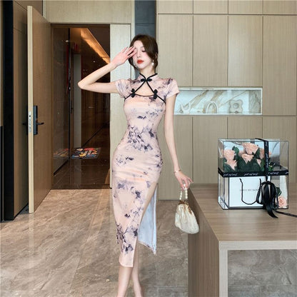 Short-Sleeve Floral Print Slit Midi Qipao