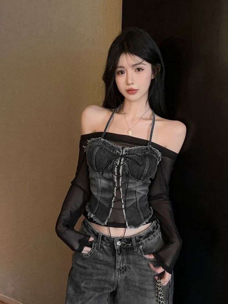 Off-Shoulder Sheer Top with Denim Accent Panels
