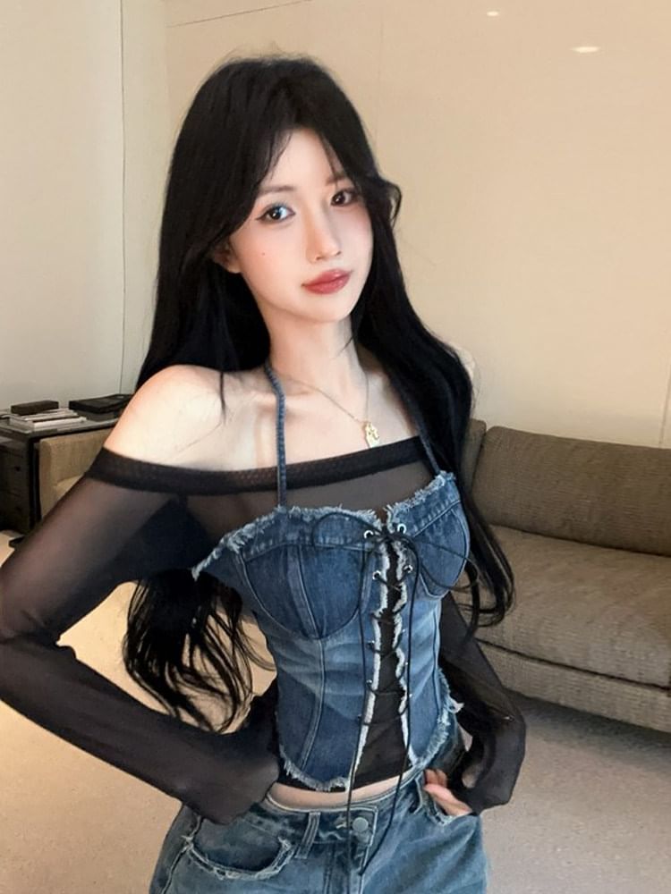 Off-Shoulder Sheer Top with Denim Accent Panels