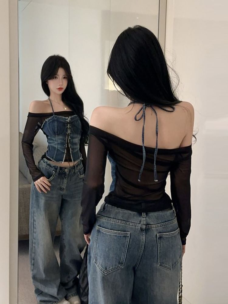 Off-Shoulder Sheer Top with Denim Accent Panels