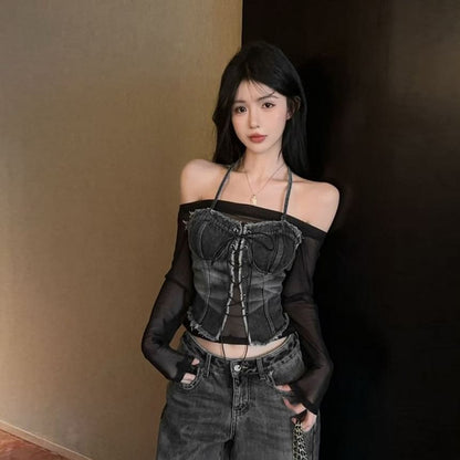 Off-Shoulder Sheer Top with Denim Accent Panels