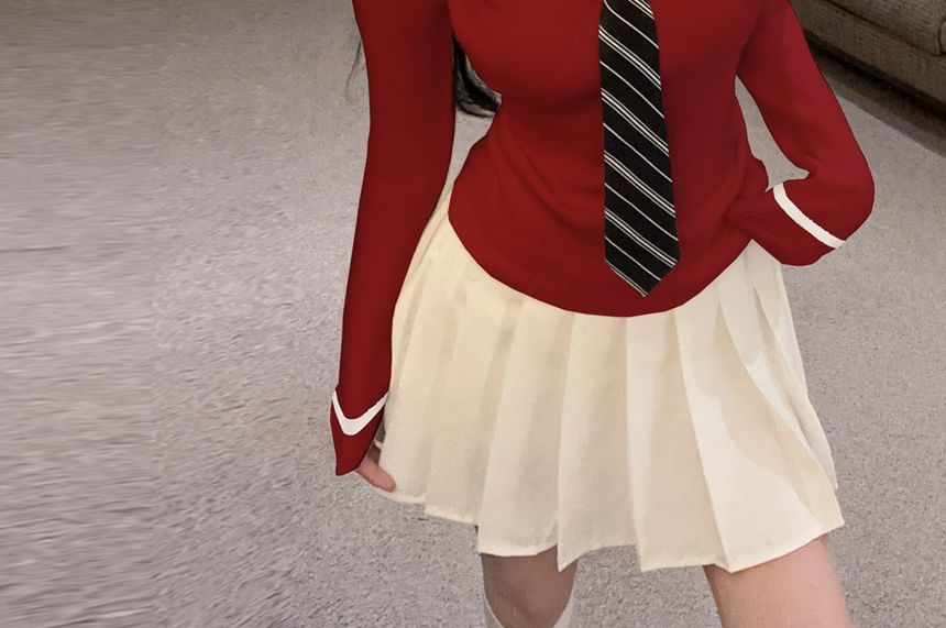 Collared Long Sleeve Sweater with Tie Detail and Pleated Mini Skirt