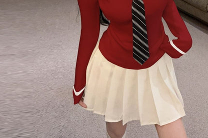 Collared Long Sleeve Sweater with Tie Detail and Pleated Mini Skirt