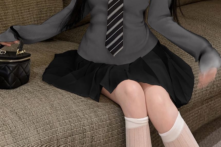 Collared Long Sleeve Sweater with Tie Detail and Pleated Mini Skirt
