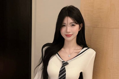 Collared Long Sleeve Sweater with Tie Detail and Pleated Mini Skirt