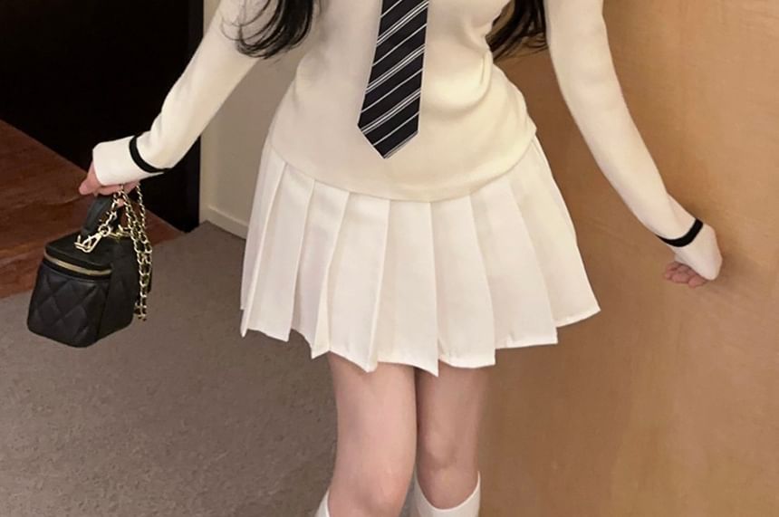 Collared Long Sleeve Sweater with Tie Detail and Pleated Mini Skirt