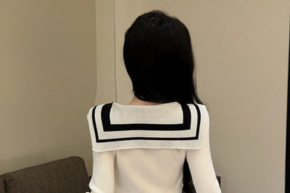 Collared Long Sleeve Sweater with Tie Detail and Pleated Mini Skirt