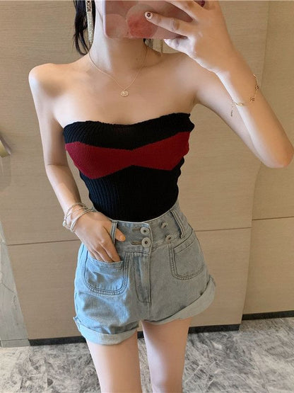 Ribbed Knit Strapless Tube Top in Two-Tone Design