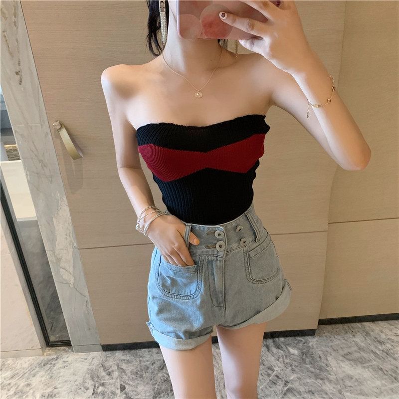 Ribbed Knit Strapless Tube Top in Two-Tone Design